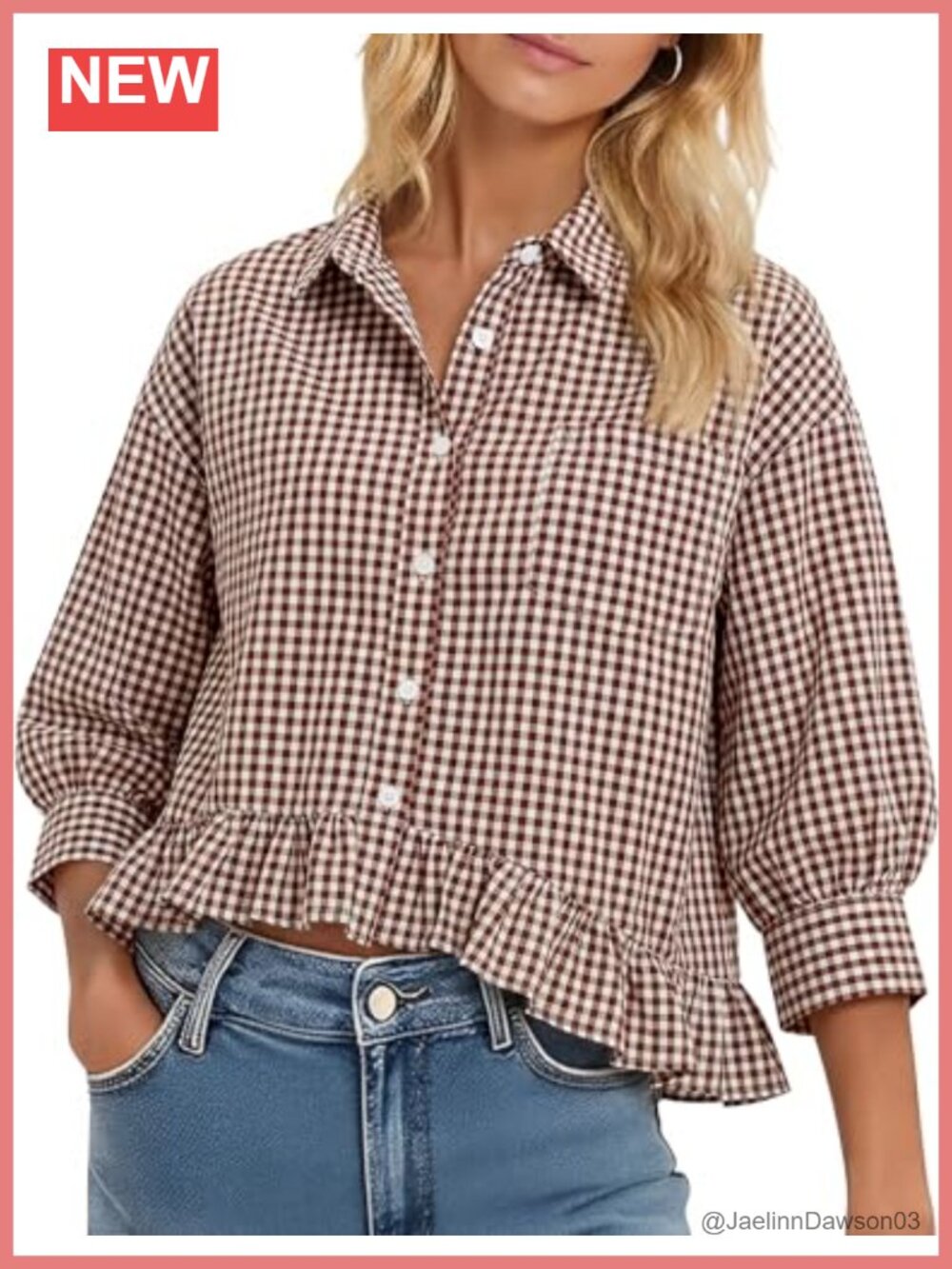 Womens 3/4 Sleeve Button Down Ruffle Hem Blouse